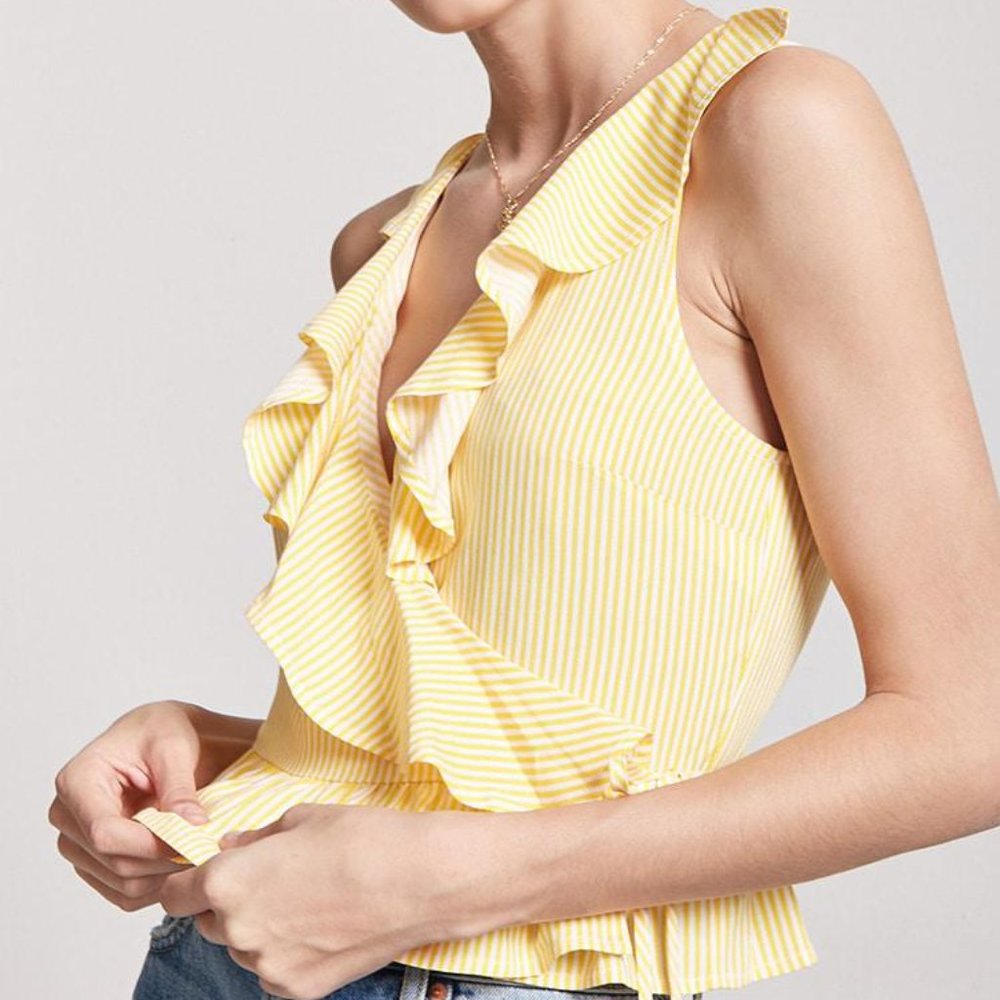 NWT - Yellow and Ivory Pinstripe Wrap Top - Medium